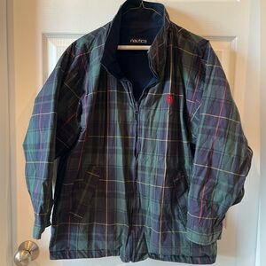 Vintage RARE Nautica Reversible Green and Navy Blue Plaid Jacket Boys Size 12/14